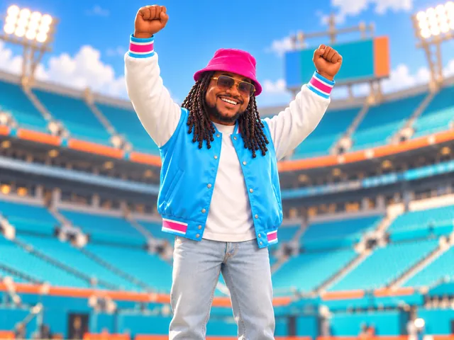 Cartoon Keyon with both fists in the air on the grass of an empty stadium