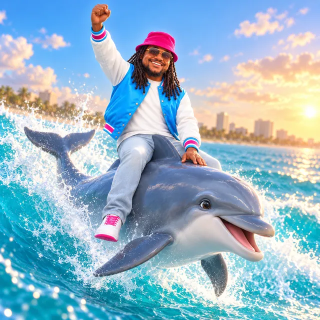 Cartoon Keyon riding a dolphin across the bay with one fist in the air