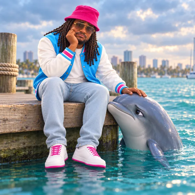 Cartoon Keyon sitting on a dock with his chin in his hand, a dolphin resting beside him
