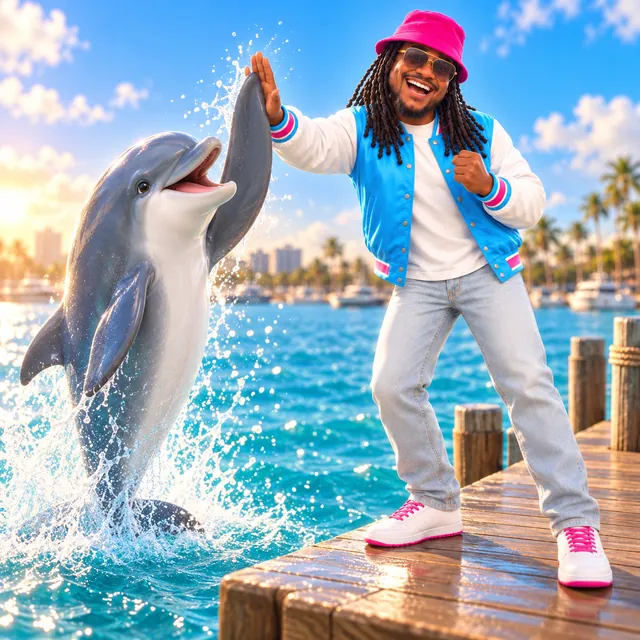 Cartoon Keyon on a dock, high-fiving a dolphin