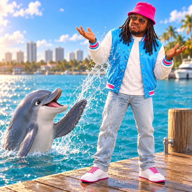 Cartoon Keyon on a dock, shrugging, with a dolphin splashing beside him