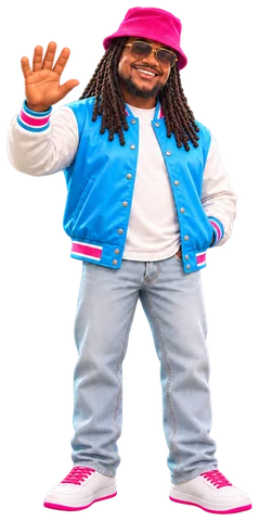 Keyon in a varsity jacket and pink bucket hat, waving (cartoon character)