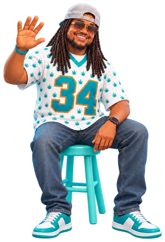 Keyon in a leaf-print 34 jersey, seated on a stool, waving (cartoon character)