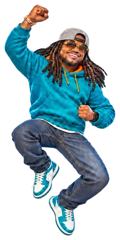 Keyon in a teal hoodie, jumping with a raised fist (cartoon character)