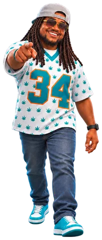 Keyon in a leaf-print 34 jersey, walking and pointing (cartoon character)