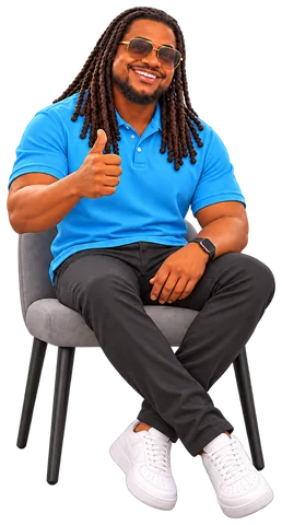 Keyon in a blue polo, seated, thumbs up (cartoon character)