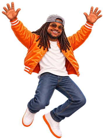 Keyon in an orange bomber jacket, jumping with both arms up (cartoon character)