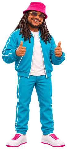 Keyon in a teal tracksuit and pink bucket hat, two thumbs up (cartoon character)