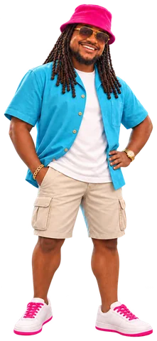 Keyon in an aqua camp shirt, cargo shorts and pink bucket hat (cartoon character)