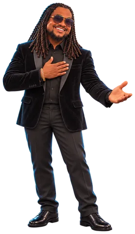 Keyon in a black velvet suit, hand on chest, welcoming (cartoon character)