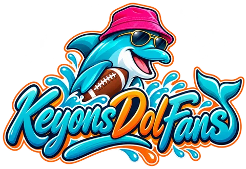 KeyonsDolFans logo: a cartoon dolphin in a pink bucket hat and gold shades, holding a football